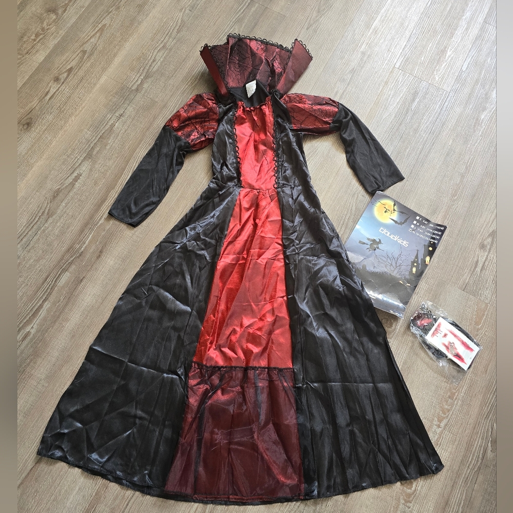 Halloween witch costume black and red long dress s)kids 10/12
